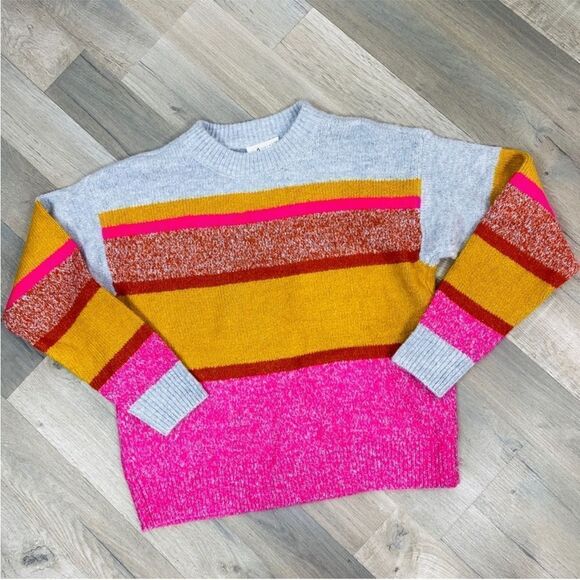 Lou & Grey for Loft Multi Stripe Chunky Knit Sweater Gray Yellow Pink Small - Picture 8 of 13